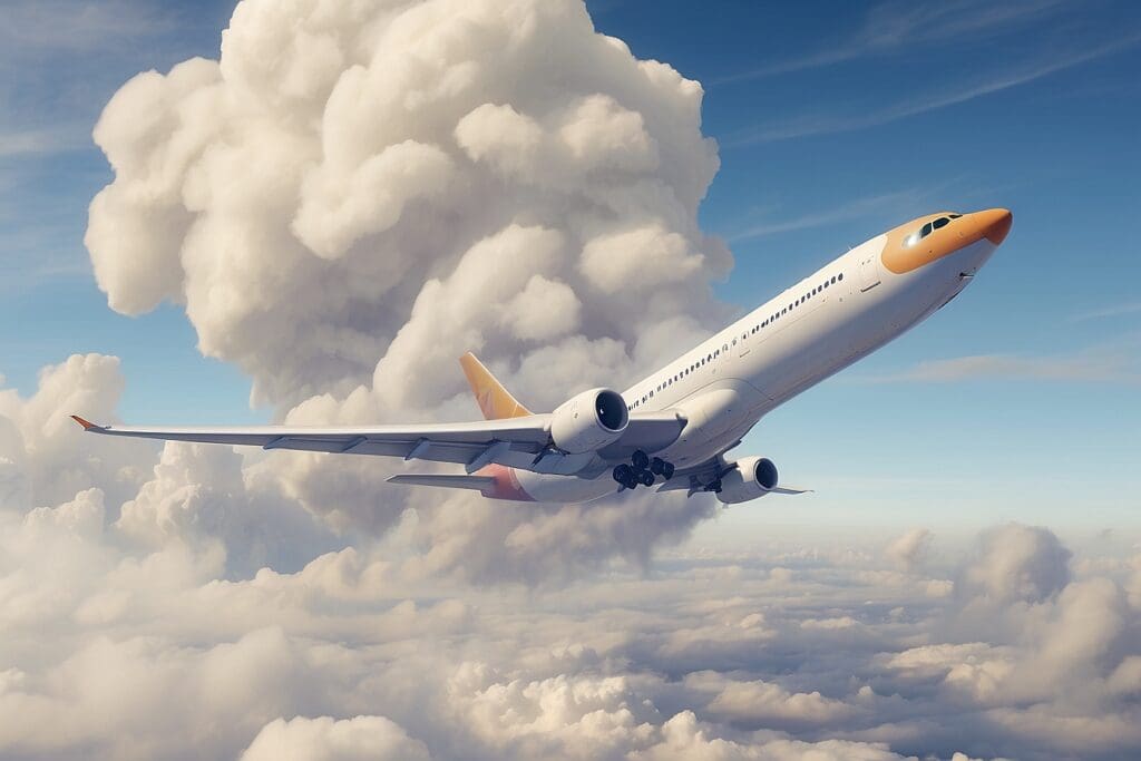 An airplane soars through the sky, weaving between large, fluffy clouds, its journey a reminder of the silent dance of adventure and airplane emissions against nature's backdrop.