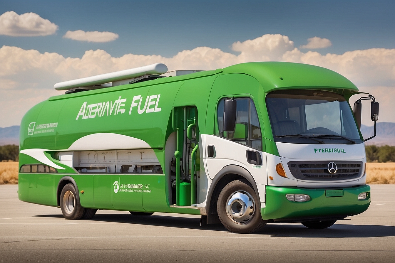 The green and white bus, proudly labeled "Alternative Fuel," stands parked on a paved area, set against a backdrop of bright blue sky and fluffy clouds.