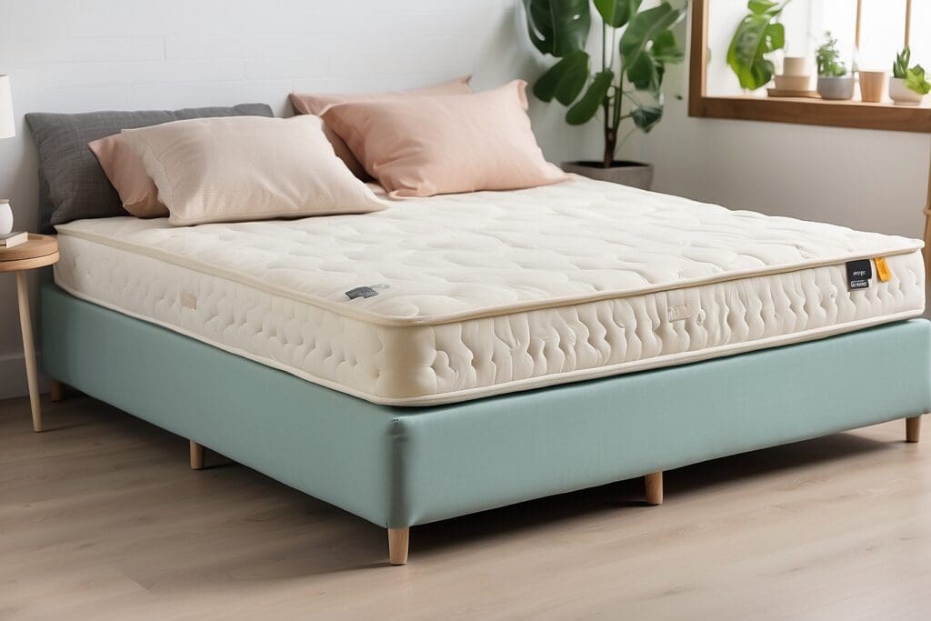 A neatly made bed with a white quilted mattress from the finest selection and pastel pillows. The bed features a light blue base and wooden legs, positioned in a bright room with plants near a window.