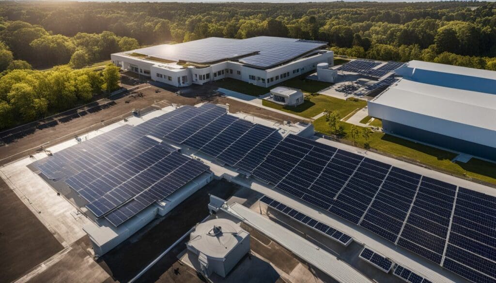 Aerial view of a large facility with solar panels on the rooftops, surrounded by trees and greenery, exemplifying principles from 'A Guide to Sustainable Energy for Schools.'