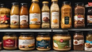 Shelves stocked with various jars of sauces, dressings, and condiments, including brands like Kühne, Develey, and Erdal-K. Explore a guide to understanding food labels and additives as you choose from varieties like honey mustard, salad dressings, and curry sauce.