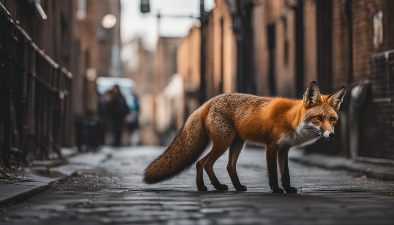 An urban fox in a city alley surrounded by infrastructure.