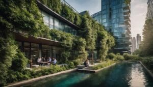 This modern building, committed to social and environmental good like many B Corporations, features lush greenery on its walls and overlooks a narrow reflecting pool. People sit at outdoor tables, working with the city skyline as their backdrop.