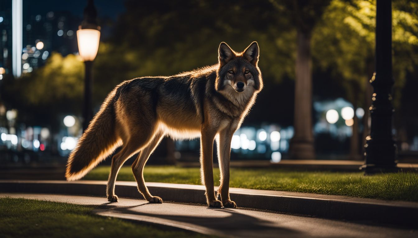 A lone urban coyote prowling through a city park at night.