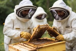 Three beekeepers, clad in protective suits, practice the art of beekeeping as they inspect a beehive frame outdoors.