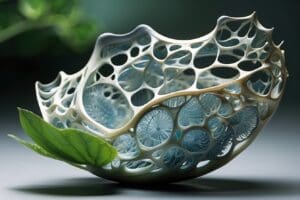 A delicate, intricately carved shell-like structure with blue and white patterns, reflecting the elegance of biomimicry, is accompanied by a green leaf set against a soft-focus background.