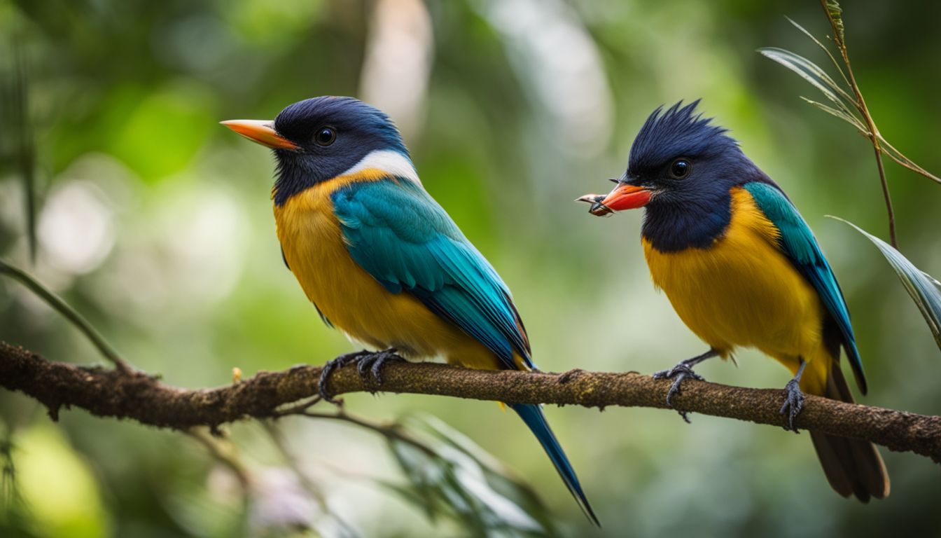 Vibrant birds perched in lush rainforest, showcasing diversity and beauty.