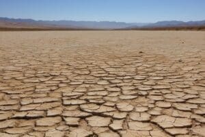 Cracked dry earth under a clear blue sky, emblematic of the relentless California drought, with distant mountains on the horizon.