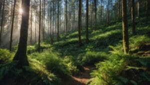 Forest view with sun peeking through trees