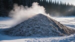 A pile of steaming compost covered in frost illustrates the unique challenges and solutions associated with composting in winter, set against a snowy landscape with evergreen trees gracing the background.