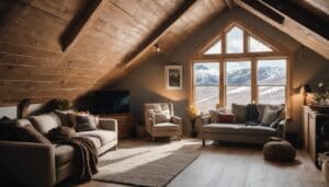 Cozy attic living room with wooden ceiling, two sofas, a rug, and a large window showcasing a stunning mountain view. Perfect for DIY home energy efficiency improvements, the space maximizes natural light and warmth while offering a serene retreat.