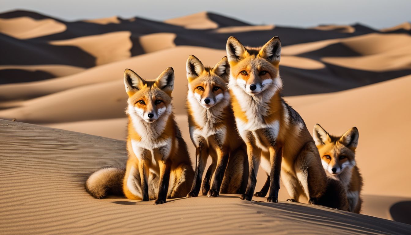 A group of desert foxes in their burrow with sand dunes in the background.