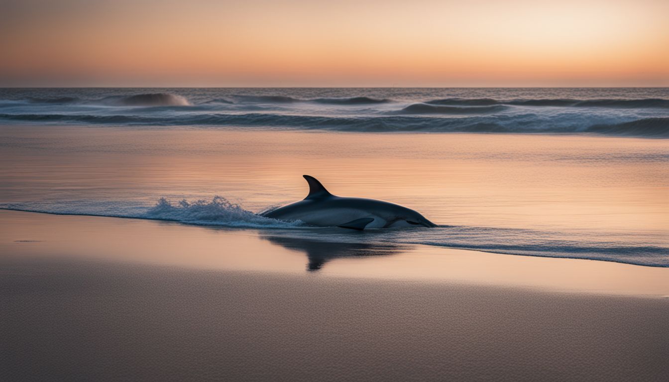 A lone stranded dolphin on a quiet beach at dawn.