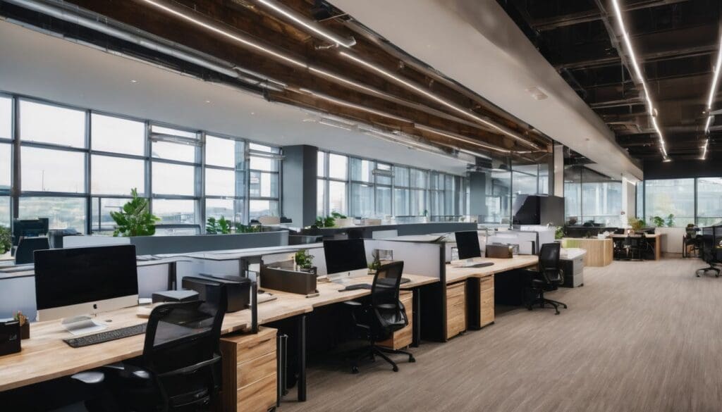 A modern open-plan office with wooden desks, computers, and ergonomic chairs features eco-friendly lighting solutions. Large windows line the wall, providing natural light, while sustainable overhead lights are visible along the ceiling.