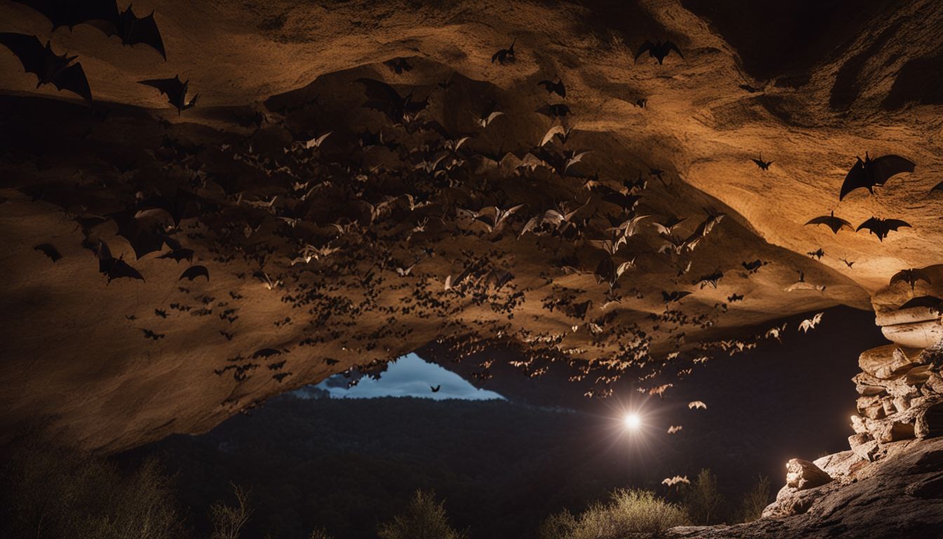 A colony of bats flying out of a cave at dusk.