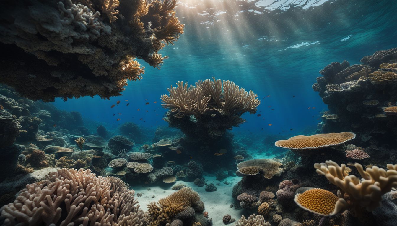 A vibrant coral reef teeming with marine life in clear waters.