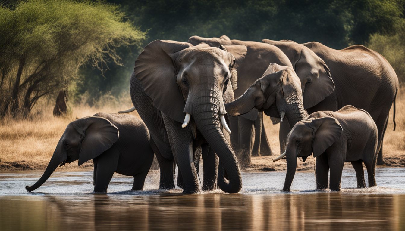 A herd of elephants creating a watering hole in the savannah.