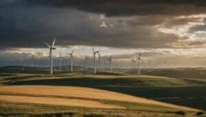 Wind turbines on rolling hills under a cloudy sky, with sunlight illuminating parts of the landscape, symbolizing energy independence through renewables.