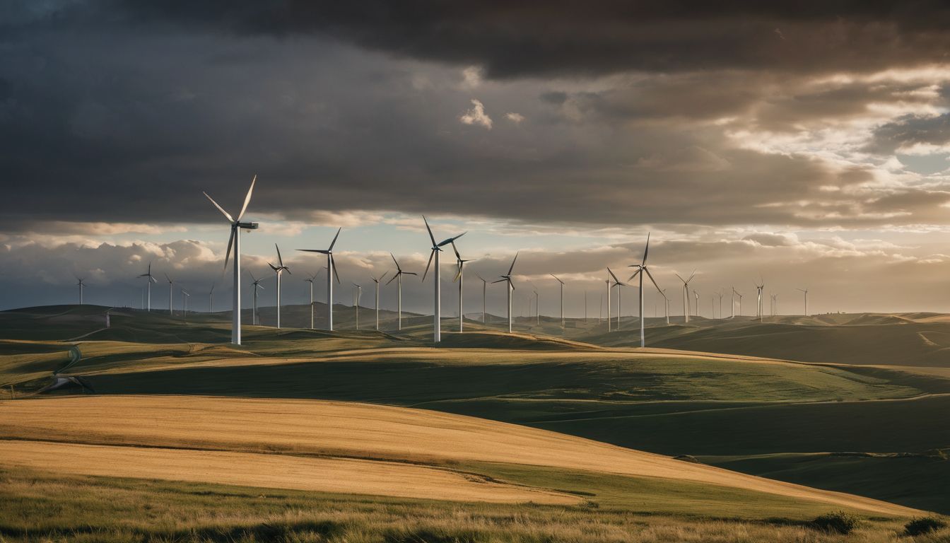 A wind farm set against a dramatic sky in a bustling atmosphere.