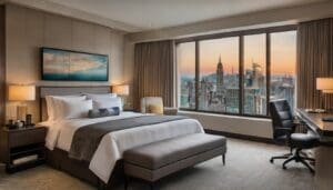 This hotel room features a large bed, desk, and chair. Floor-to-ceiling windows offer a view of the city skyline at sunset, maximizing natural light as an energy-saving tip for the hospitality industry. A landscape painting adds a touch of elegance above the bed.