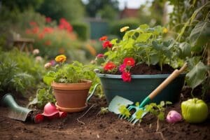 In a charming gardening scene, potted flowers bloom alongside a vibrant pepper plant. A green trowel and a pair of gloves lie ready for tending to this delightful garden setting.