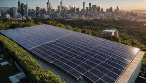 Rooftop solar panels gleam at sunrise, highlighting the city skyline and trees in the background, a perfect embodiment of green energy solutions.