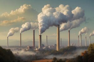 A large industrial facility with multiple tall smokestacks releasing white smoke into the sky, surrounded by mist and a hilly landscape, now adheres to the Clean Air Act to ensure environmental safety for future generations.