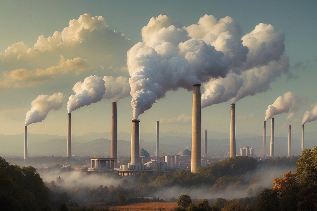 A large industrial facility with multiple tall smokestacks releasing white smoke into the sky, surrounded by mist and a hilly landscape, now adheres to the Clean Air Act to ensure environmental safety for future generations.