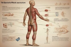 Illustration of acupuncture treatment on a human body, showcasing labeled points and related effects with anatomical diagrams.