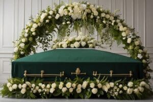 A green funeral casket, adorned with white and cream roses, is surrounded by a floral arch against a pristine white paneled wall.