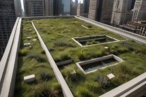 A green roof garden with lush grass and vibrant plants, perfectly nestled amidst the towering city skyscrapers.
