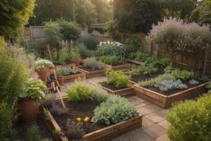 Your garden features raised wooden beds filled with a variety of plants and flowers, surrounded by potted greenery and trees, all thriving under soft sunlight.