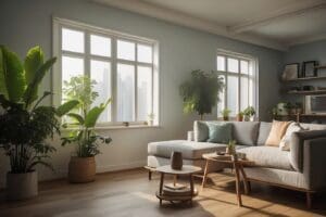 Bright living room with city view through large windows, featuring a gray sofa, wooden coffee table, potted plants that help reduce indoor air pollution, and a shelving unit.