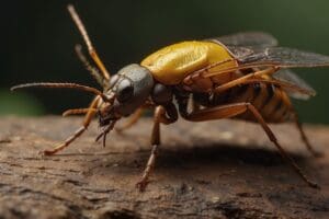 Close-up of a yellow and black insect, known for its role in insect-borne diseases, with large eyes and detailed wings, standing on a piece of bark against a dark green background.