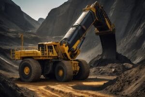 A large yellow excavator operates in a rugged, rocky landscape, tirelessly mining for black gold as it scoops earth with its massive arm.