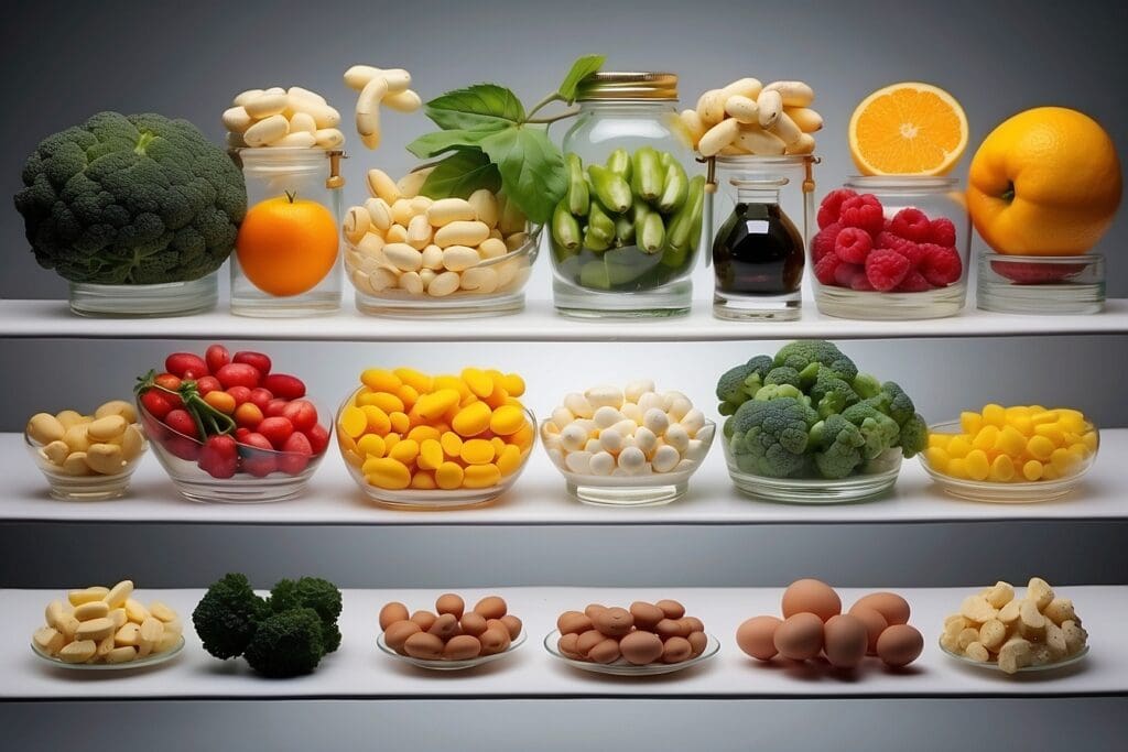 Assorted fruits, vegetables, and herbs are neatly arranged on shelves, exuding health with broccoli, raspberries, oranges rich in vitamins, tomatoes, garlic, and various jars of spices and herbs.