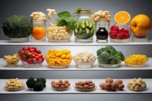 Assorted fruits, vegetables, and herbs are neatly arranged on shelves, exuding health with broccoli, raspberries, oranges rich in vitamins, tomatoes, garlic, and various jars of spices and herbs.