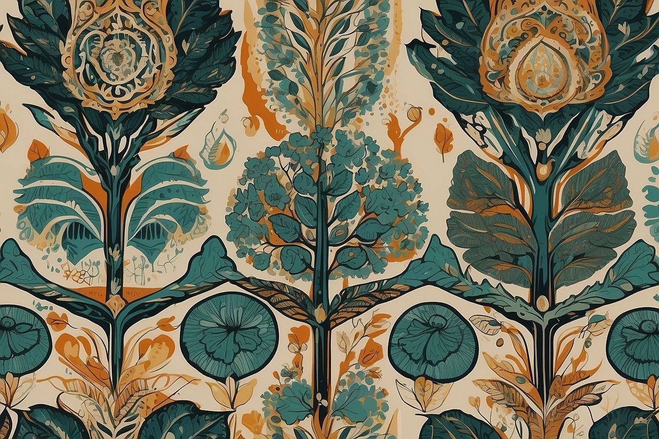 Intricate floral pattern with symmetrical blue and gold leaves, stems, and decorative elements against a cream background, echoing the aesthetic sensibilities cherished by Greeniacs.