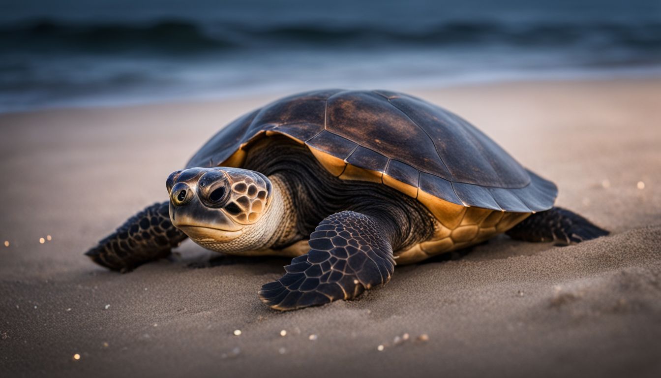 A Loggerhead Turtle laying her eggs on a moonlit beach. A Loggerhead Turtle laying her eggs on a moonlit beach.