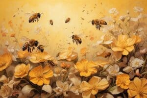 Honey bees buzz among yellow and white flowers in a warm, sunny setting.