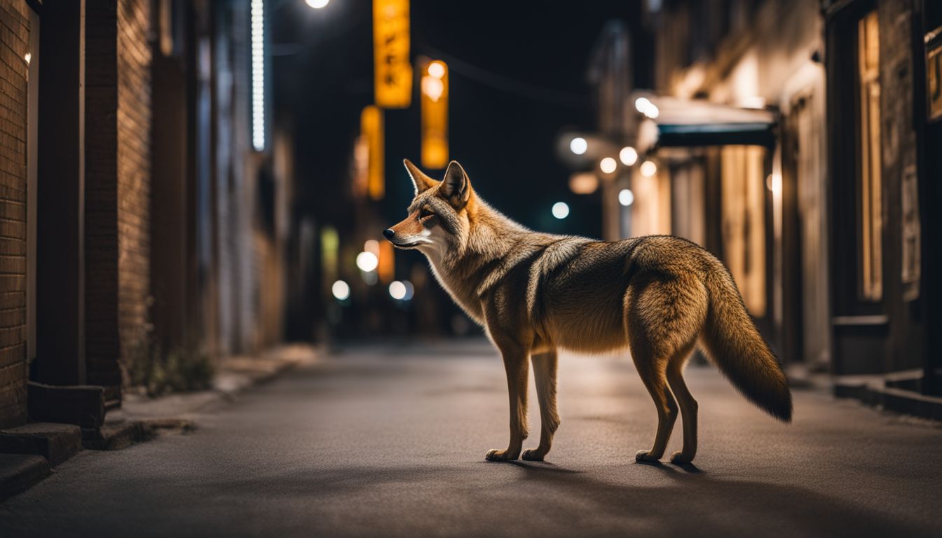 A coyote roaming an urban street at night, captured in high-definition.