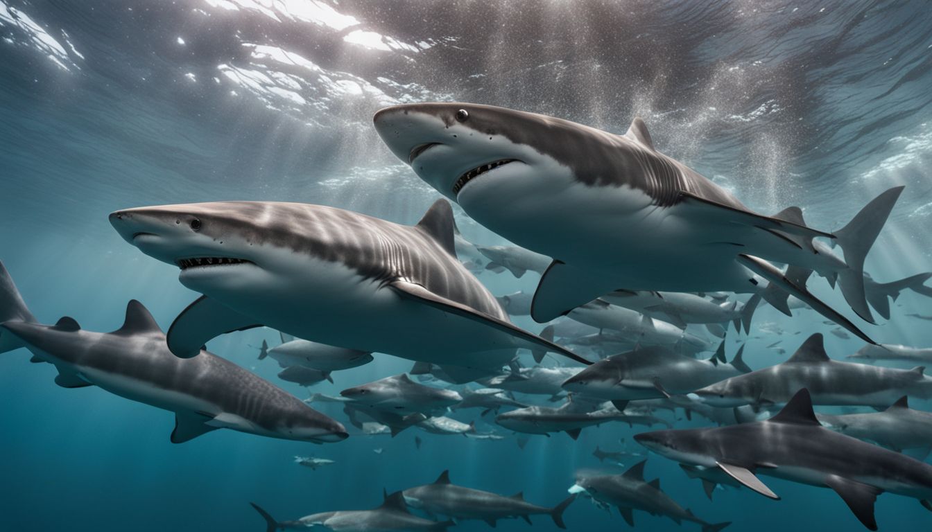 A school of sharks swimming among a variety of fish in the sea.