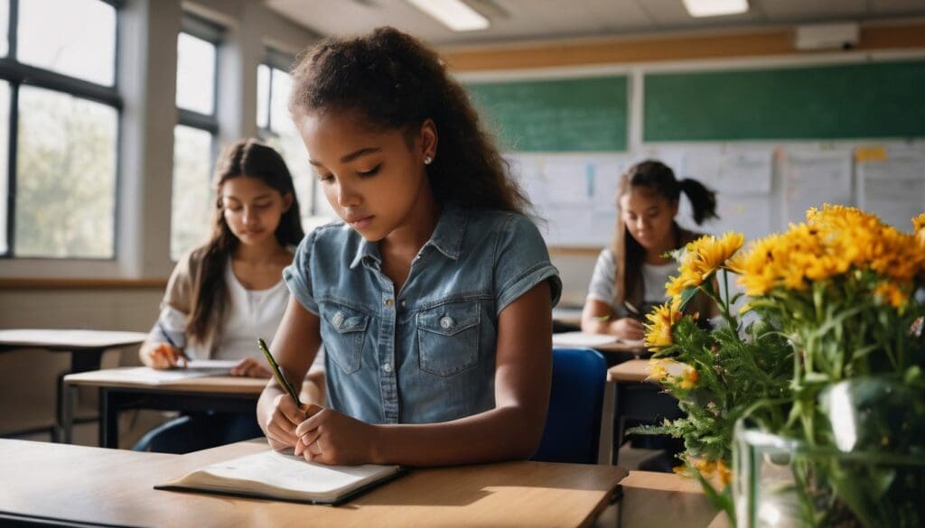 Students sitting at desks in a classroom, writing in notebooks. A vase with yellow flowers brightens one desk, exemplifying the concept of integrating nature into classroom learning.