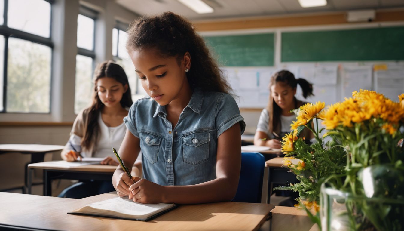 A diverse collection of vibrant plants and flowers in a school classroom.