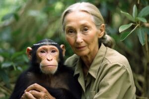 An elderly woman with gray hair, reminiscent of Jane Goodall, sits beside a chimpanzee in a forested area.