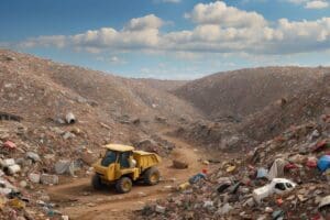 A yellow dump truck navigates the sprawling landfill space, weaving through towering piles of trash beneath a partly cloudy sky.