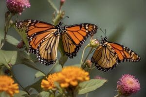 Two vibrant Monarch butterflies rest on flowers, their orange and black wings contrasting beautifully against the lush green leaves in the background.