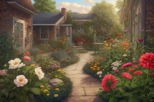 A stone path winds through the Revival Garden, a vibrant oasis filled with various colorful flowers, bordered by brick houses under a blue sky. An empty chair sits beside the path.