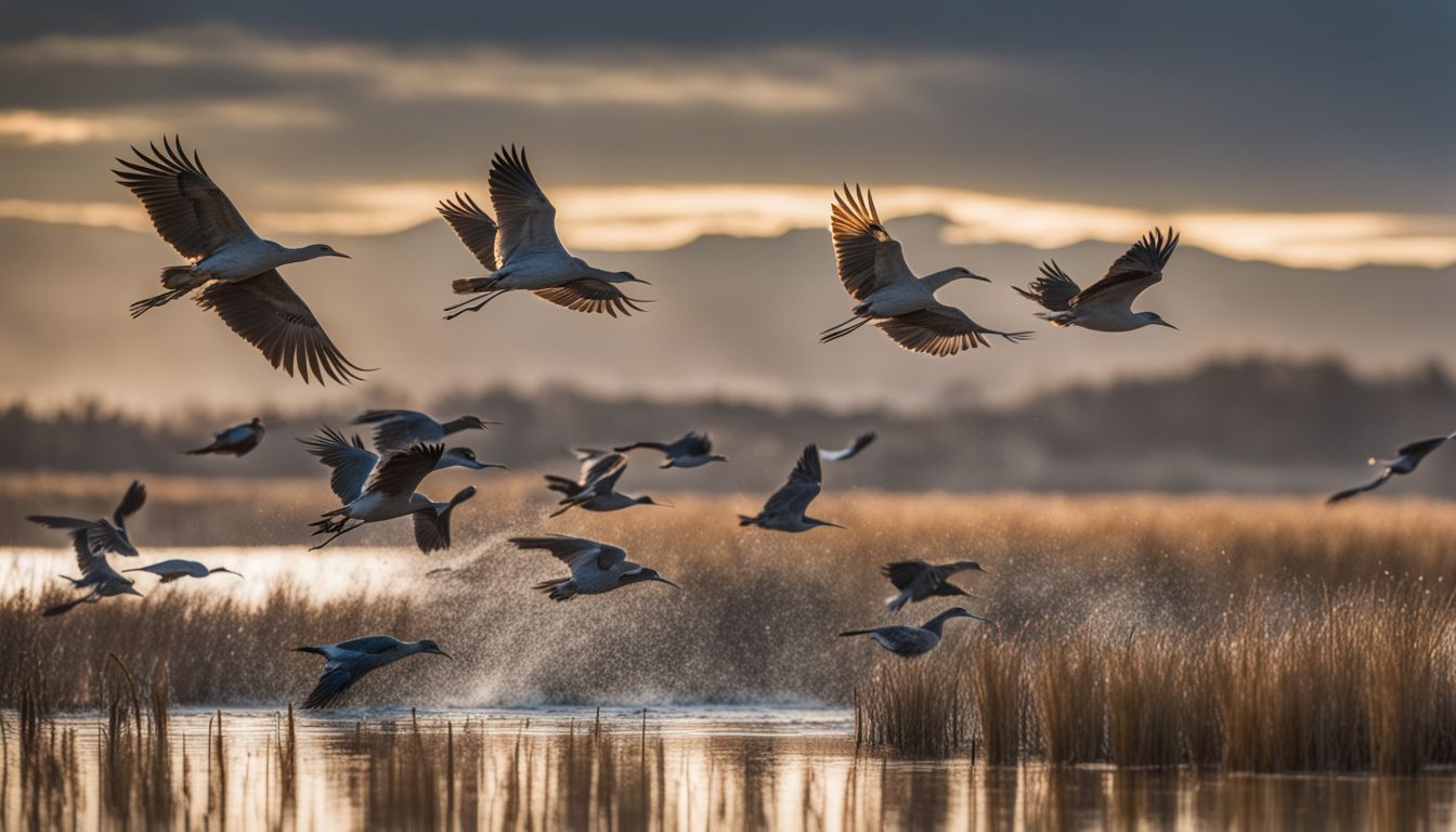 A flock of rare birds taking flight in a restored wetland.