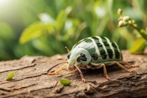 A green and black striped beetle, often targeted for pest control, crawls on a wooden log with a blurred green background.